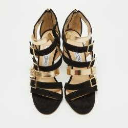 Jimmy Choo Black/Gold Suede and Patent Leather Booster Gladiator Sandals Size 38.5