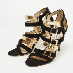 Jimmy Choo Black/Gold Suede and Patent Leather Booster Gladiator Sandals Size 38.5