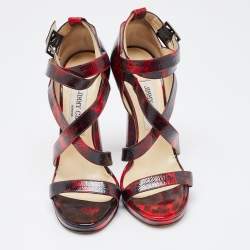 Jimmy Choo Red/Black Leather Criss Cross Ankle Strap Sandals Size 37.5