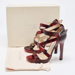 Jimmy Choo Red/Black Leather Criss Cross Ankle Strap Sandals Size 37.5