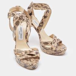 Pre Owned Jimmy Choo Beige/Black Watersnake Leather Vamp Sandals Size 39.5