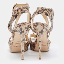 Pre Owned Jimmy Choo Beige/Black Watersnake Leather Vamp Sandals Size 39.5