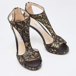 Jimmy Choo Black/Gold Lace and Leather Lana Sandals Size 41