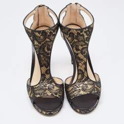 Jimmy Choo Black/Gold Lace and Leather Lana Sandals Size 41