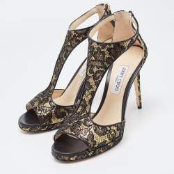 Jimmy Choo Black/Gold Lace and Leather Lana Sandals Size 41