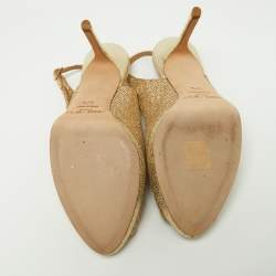 Pre Owned Jimmy Choo Gold Glitter and Leather Slingback Sandals Size 37.5