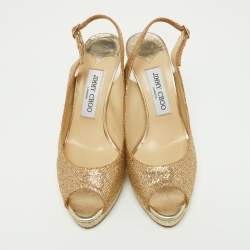 Pre Owned Jimmy Choo Gold Glitter and Leather Slingback Sandals Size 37.5
