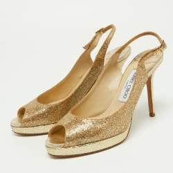 Pre Owned Jimmy Choo Gold Glitter and Leather Slingback Sandals Size 37.5