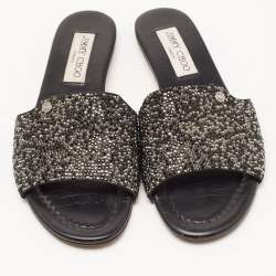Pre Owned Jimmy Choo Black Glitter Nanda Flat Slides Size 36