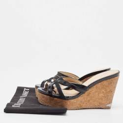 Jimmy Choo Black Leather and Suede Strappy Cork Wedge Slide Sandals Size 35.5
