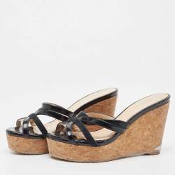 Jimmy Choo Black Leather and Suede Strappy Cork Wedge Slide Sandals Size 35.5