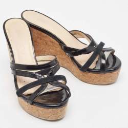 Jimmy Choo Black Leather and Suede Strappy Cork Wedge Slide Sandals Size 35.5