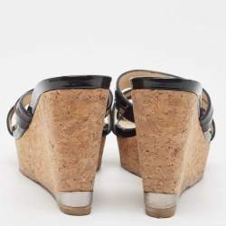 Jimmy Choo Black Leather and Suede Strappy Cork Wedge Slide Sandals Size 35.5