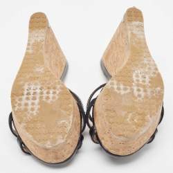 Jimmy Choo Black Leather and Suede Strappy Cork Wedge Slide Sandals Size 35.5