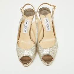Jimmy Choo Gold Glitter And Lurex Fabric Nova Peep Toe Slingback Sandals Size 37.5