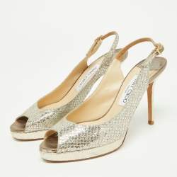 Jimmy Choo Gold Glitter And Lurex Fabric Nova Peep Toe Slingback Sandals Size 37.5