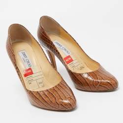 Jimmy Choo Brown Crocodile Leather Round Top Pumps Size 37