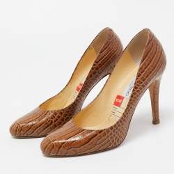 Jimmy Choo Brown Crocodile Leather Round Top Pumps Size 37