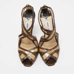 مملوكة مسبقًا Jimmy Choo Brown Python Leather Crisscross Sandals Size 37.5