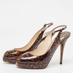 Pre Owned Jimmy Choo Brown Patent Tortoise Peep Toe Slingback Pumps Size 39.5