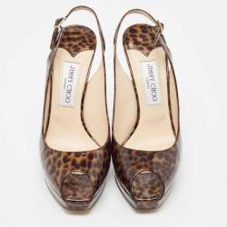 Pre Owned Jimmy Choo Brown Patent Tortoise Peep Toe Slingback Pumps Size 39.5