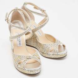 مملوكة مسبقًا Jimmy Choo Multicolor Leather and Woven Wedge Ankle Strap Sandals Size 40