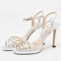 Pre Owned Jimmy Choo Silver Leather Lilah Ankle Strap Sandals Size 35.5