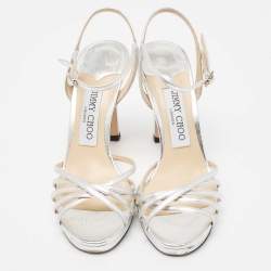Pre Owned Jimmy Choo Silver Leather Lilah Ankle Strap Sandals Size 35.5