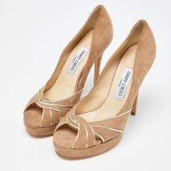 Pre Owned Jimmy Choo Light Brown Suede Peep Toe Platform Pumps Size 39