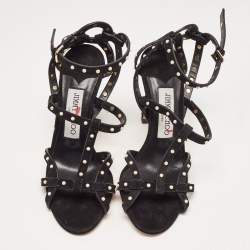 Jimmy Choo Black Suede Faux Pearl Studded Beverly Ankle Strap Sandals Size 35