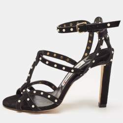 Jimmy Choo Black Suede Faux Pearl Studded Beverly Ankle Strap Sandals Size 35