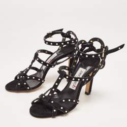 Jimmy Choo Black Suede Faux Pearl Studded Beverly Ankle Strap Sandals Size 35