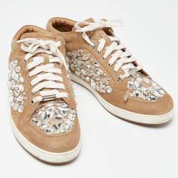 Jimmy Choo Beige Suede Miami Crystal Embellished Sneakers Size 41