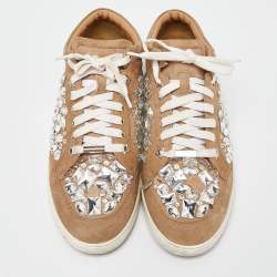 Jimmy Choo Beige Suede Miami Crystal Embellished Sneakers Size 41