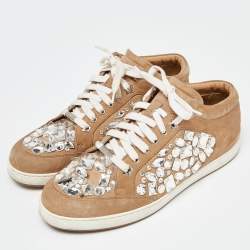 Jimmy Choo Beige Suede Miami Crystal Embellished Sneakers Size 41