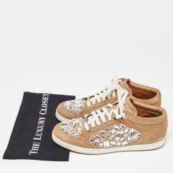 Jimmy Choo Beige Suede Miami Crystal Embellished Sneakers Size 41