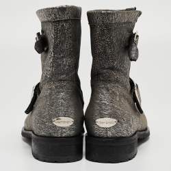Pre Owned Jimmy Choo Grey Textured Leather Buckle Detail Ankle Boots Size 38