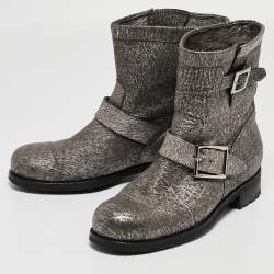 Pre Owned Jimmy Choo Grey Textured Leather Buckle Detail Ankle Boots Size 38