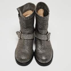 Pre Owned Jimmy Choo Grey Textured Leather Buckle Detail Ankle Boots Size 38