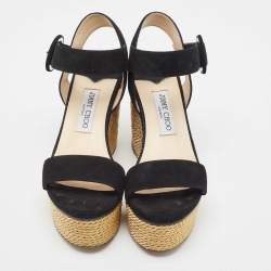 مملوكة مسبقًا Jimmy Choo Black Suede Abigail Wedge Platform Ankle Strap Sandals Size 40.5