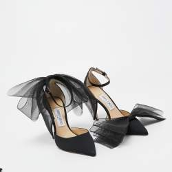 Pre Owned Jimmy Choo Black Canvas Aveline Bow Ankle Strap Pumps Size 37.5