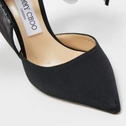 Pre Owned Jimmy Choo Black Canvas Aveline Bow Ankle Strap Pumps Size 37.5