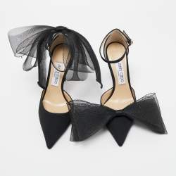 Pre Owned Jimmy Choo Black Canvas Aveline Bow Ankle Strap Pumps Size 37.5