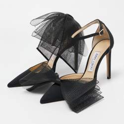 Pre Owned Jimmy Choo Black Canvas Aveline Bow Ankle Strap Pumps Size 37.5