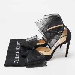 Pre Owned Jimmy Choo Black Canvas Aveline Bow Ankle Strap Pumps Size 37.5