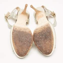 Pre Owned Jimmy Choo Silver/Gold Glitter and Leather Platform Ankle Strap Sandals Size 38.5