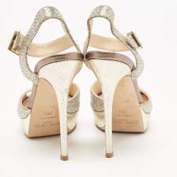 Pre Owned Jimmy Choo Silver/Gold Glitter and Leather Platform Ankle Strap Sandals Size 38.5