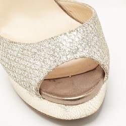 Pre Owned Jimmy Choo Silver/Gold Glitter and Leather Platform Ankle Strap Sandals Size 38.5