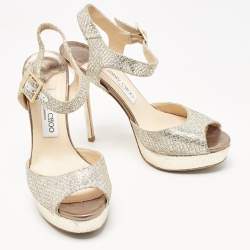 Pre Owned Jimmy Choo Silver/Gold Glitter and Leather Platform Ankle Strap Sandals Size 38.5