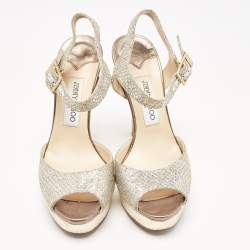 Pre Owned Jimmy Choo Silver/Gold Glitter and Leather Platform Ankle Strap Sandals Size 38.5